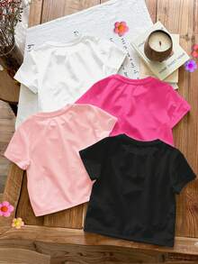 SHEIN 4 chiếc áo thun cổ tròn tay ngắn cơ bản thường ngày cho bé gái, họa tiết da báo cổ điển hình trái tim và "Mama's Girl", tông màu kem và hồng, phù hợp cho mùa xuân/hè - Nhiều màu - Xem 2