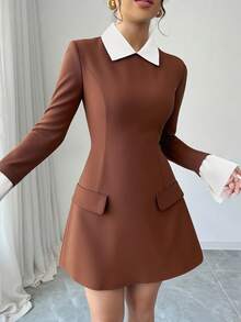 Elenzga 女式撞色衬衫领长袖仿口袋简约短款优雅连衣裙 - 鏽棕色 - 查看 6