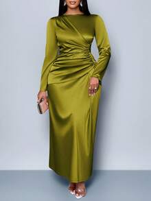 SOLERSUN Vestido de satén ajustado con drapeado lateral de unicolor elegante para mujer, adecuado para citas, fiestas y atuendos de mujer maxi - Verde Oliva - Ver 4