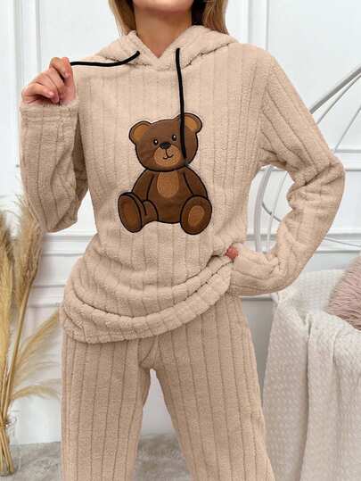 EURMUSE Pigiama donna con stampa di orso e cappuccio, manica lunga