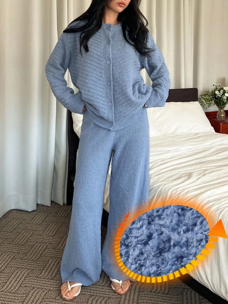 Women's Loose Textured Half Fleece Knit Fluffy Lounge Set, Fall Winter Clothes, Cozy Outfit