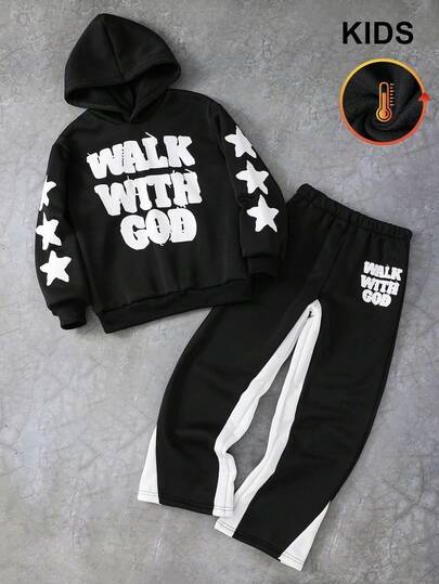 PAVTROS 2pcs/Set Tween Boys' Fashionable Black Printed Hoodie Sweatshirt And Matching Black Pants, Soft Fabric, Comfortable, Suitable For Outdoor, Sports, Dancing, School And Various Occasions Fall Winter