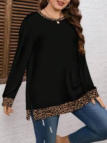 EMERY ROSE 女士加大码撞色豹纹圆领休闲落肩卫衣，毕业季、教师节、返校季秋冬季女士长袖上衣 - 彩色 - 查看 3