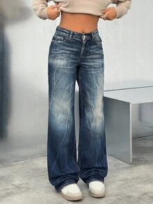 EURMUSE Quần jean ống đứng cạp trễ họa tiết giặt - Rửa tối - Xem 6