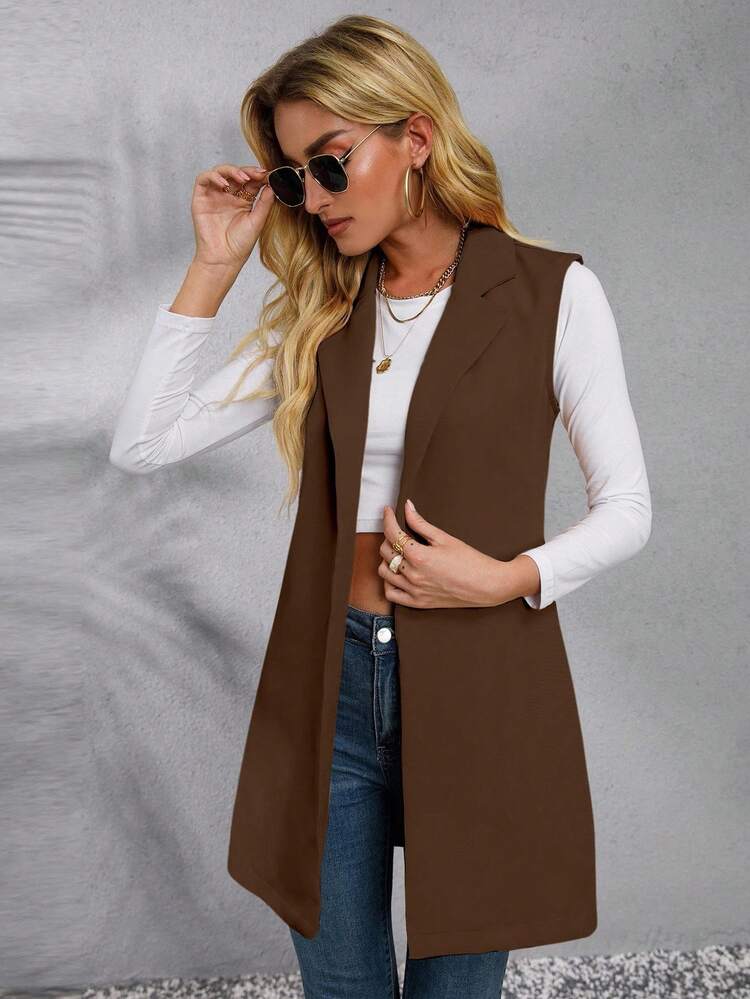 EMERY ROSE 女式纯色斑驳翻领前开襟无袖休闲西装外套 - 棕色 - 查看 4