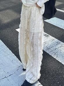 FRIFUL 女式纯黑色弹性腰部休闲直筒纹理面料长裤 - 米色 - 查看 5