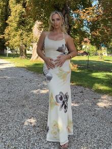 Jeta Ari Women's Elegant Floral Print Maxi Dress: Sleeveless Spaghetti Strap Knitted Mermaid Hem Beige Maxi Dress For Special Occasions - Beige - View 6