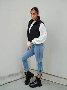 SAYEHFBABY Áo vest đệm ngắn thường ngày có khóa kéo màu trơn dành cho nữ, mùa đông - màu đen - Xem 5