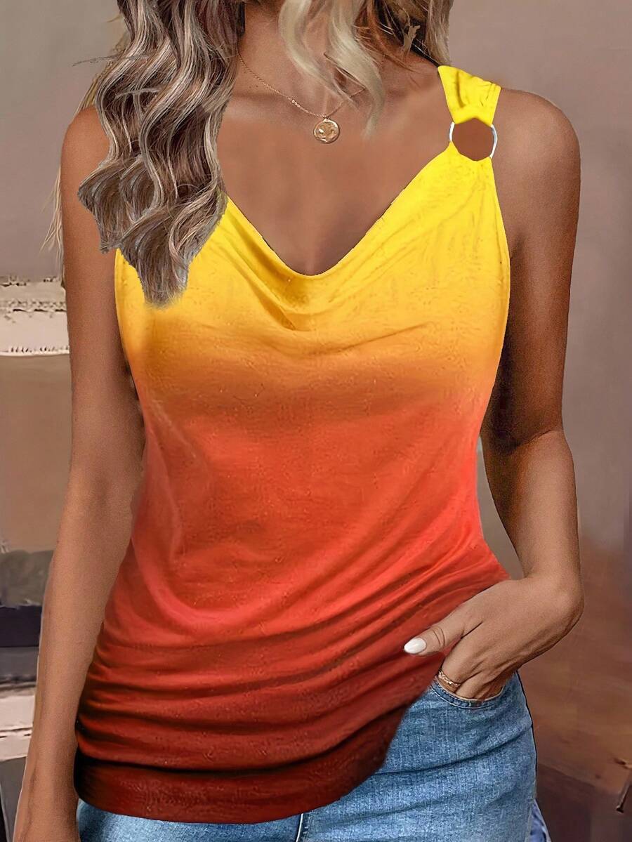 EMERY ROSE Gradient Halter Neck Pleated Casual Tank Top With Circular Detailing - Multicolor - View 1