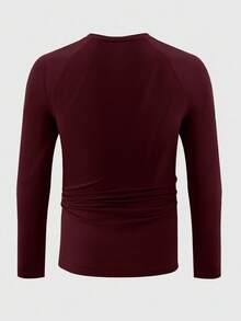Manfinity Homme Camiseta casual de manga larga, cuello redondo y ajuste ceñido de unicolor para hombre, otoño - Burdeos - Ver 2