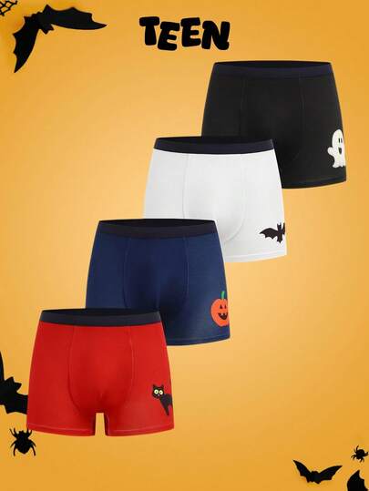 4pcs Halloween Minimalist Pumpkin, Bat, Black Cat, Ghost Print Boxer Briefs, Comfortable & Cute Boys Underwear