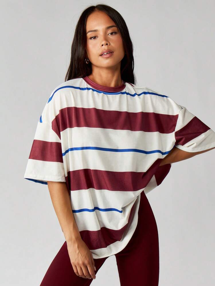 MISSGUIDED Oversized Striped Mock Neck T-Shirt With Short Sleeves For Fall And Winter Casual Wear