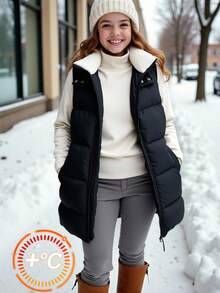 SHEIN Teen Girl Plain Zip-Up Sleeveless Hoodie Casual Padded Coat Black Puffer Vest Winter Black Long Puffer Vest Hooded Puffer Vest Fall - Black - View 7