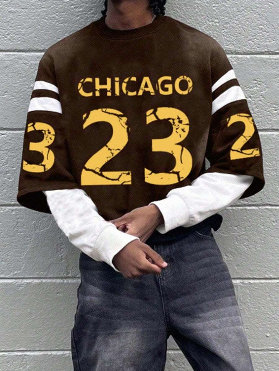 SHEIN CHICAGO, 23, MARRON, Sweat-shirt-shirt ample à manches longues style minimaliste casual pour garçon préadolescent, convient pour l'automne/l'hiver - Multicolore - Voir 1