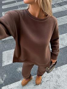 SHEIN Tall Conjunto de dos piezas de sudadera con detalle de abertura lateral en unicolor de temporada y pantalón jogger ajustado en talla alta