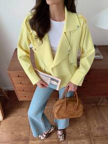 Elyressa Women's Zipper Design French Casual Daily Commute Fashion Elegant Street Vintage Versatile Holiday Business Pale Yellow Autumn/Winter Long Sleeve Motorcycle Jacket