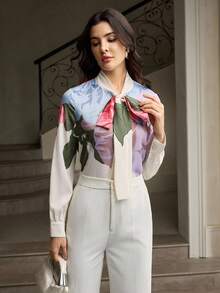 ZEYLAH Front Tie Casual Women's Elegant Printed Long Sleeve Shirt - Multicolor - View 6
