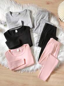 SHEIN 3 Conjuntos de 6 piezas Ropa interior de base para niñas preadolescentes de otoño/invierno, con forro térmico, elástica y suave camiseta acanalada y leggings - Multicolor - Ver 3