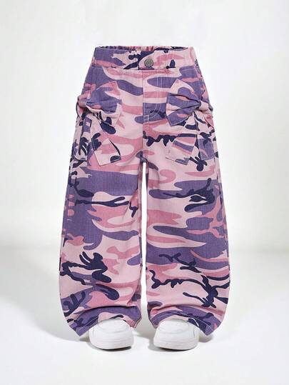 SHEIN Explorewe Young Girl' Daily Casual All-Match Versatile Cute Bowknot Jacquard Pocket Comfortable Loose Straight Washed Jeans, Suitable For Everyday Wear Casual Wide Leg Denim Jeans For Girls With Multicolor Camo Print And Long Length Girls Camo Pants Camo Cargo Pants Cargo Pants For Girls Pink Camo Pants Purple Camo Pants Girls' Long Wide Leg Casual Jeans In Multicolor Pink Camo Denim With Zipper Details Fall Winter