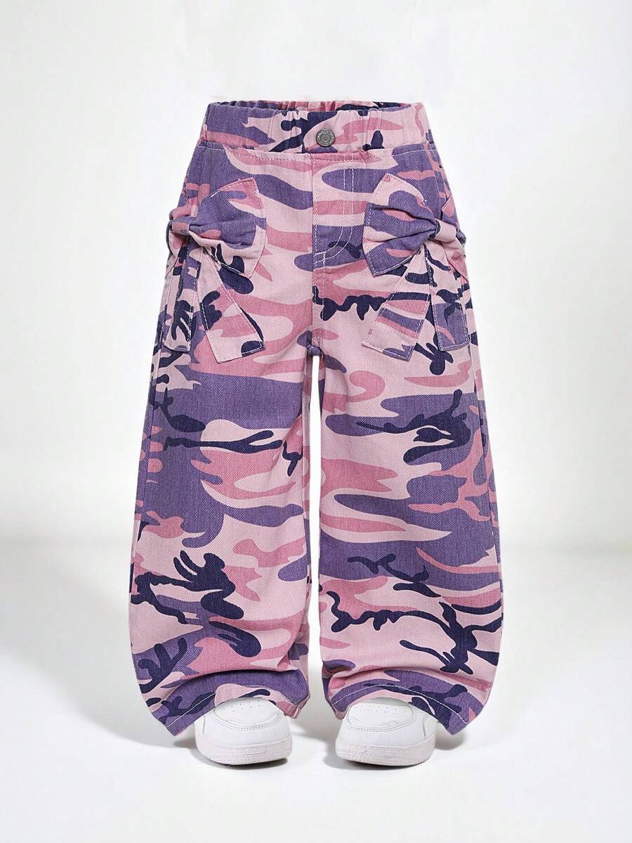 SHEIN Explorewe 年轻女孩的日常休闲百搭百搭可爱蝴蝶结提花口袋舒适宽松直筒水洗牛仔裤,适合日常穿着 - 彩色 - 查看 1