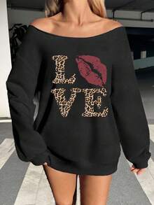 SHEIN EZwear 女式露肩宽松休闲情书和嘴唇豹纹图案长袖运动衫，秋冬 - 黑色 - 查看 5