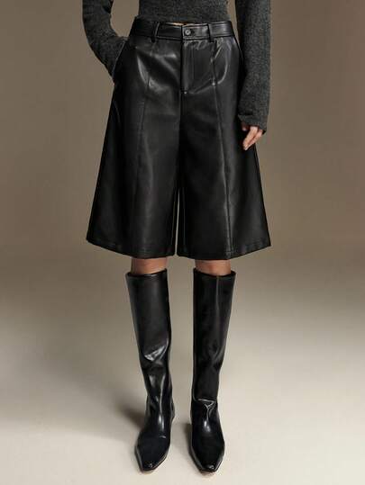 Ontre 2026 Spring/Summer New Modern Urban, PU Material, Black, Paneled Design, 6-Inch Shorts, Wide Leg, Women's Shorts, Everyday Wear, Business Casual, Women's Apparel