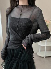 FRIFUL Women's Casual Slim Fit Mesh Sheer Layered High Neck Long Sleeve Blouse With Ruched Cuffs - Black - View 3