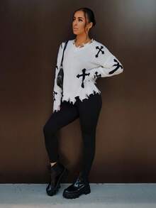 SAYEHFBABY Women's Cross Print, Raw Edged, Long Sleeve, Minimalist Casual Sweater Knit Pullover Fall Winter Outfit - White - View 4