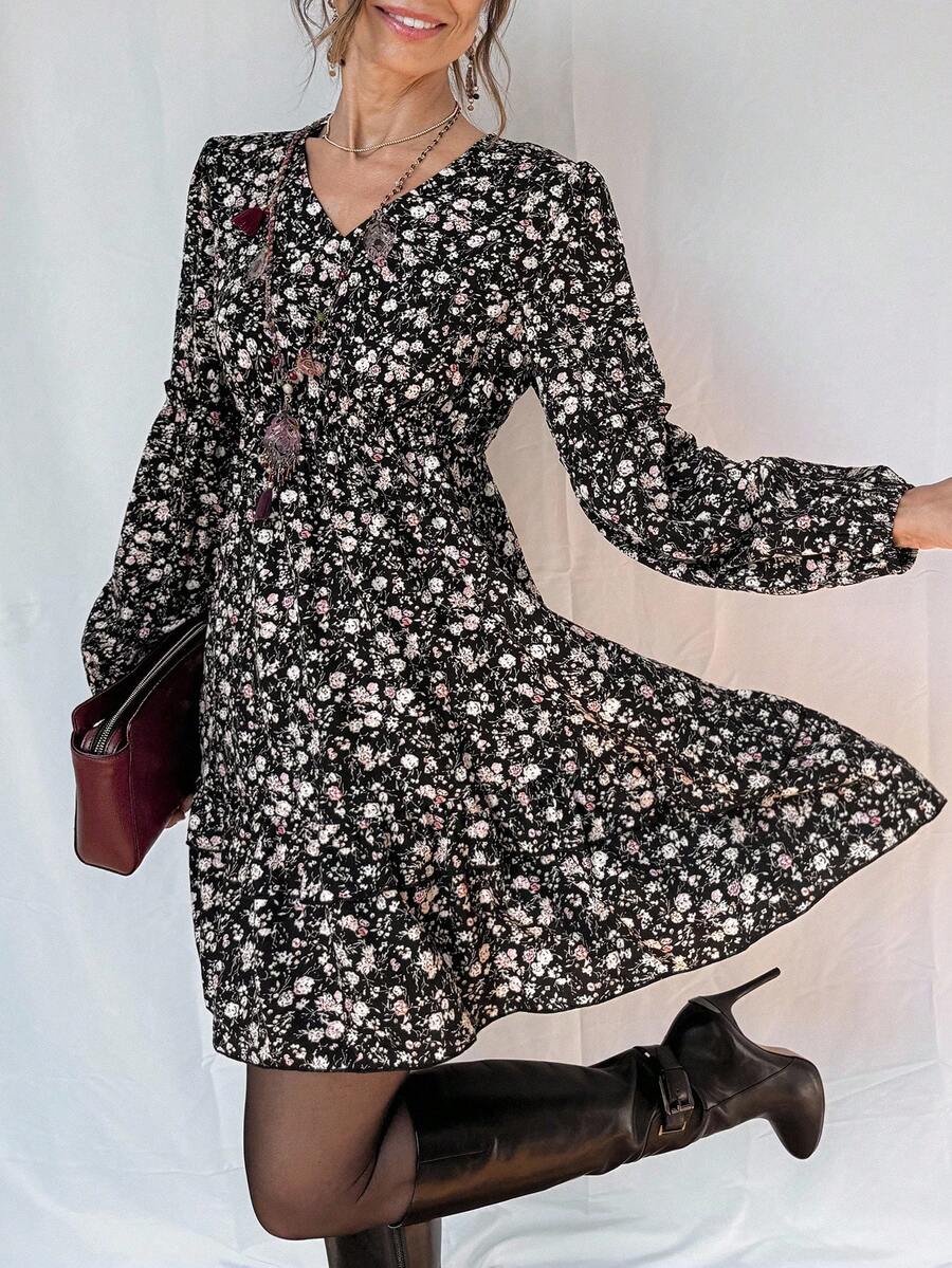 Livesso Vestido midi de manga larga con cuello en V y cintura ceñida con estampado floral diminuto, estilo vacacional