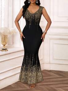 SHEIN Lady 适合派对和聚会的闪亮合身无袖连衣裙 - 黑色 - 查看 7