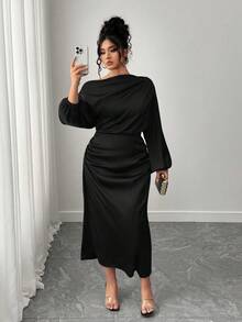 SHEIN Elenzya Plus Size Women Satin Asymmetric Shoulder Bodycon A-Line Dress - Black - View 1