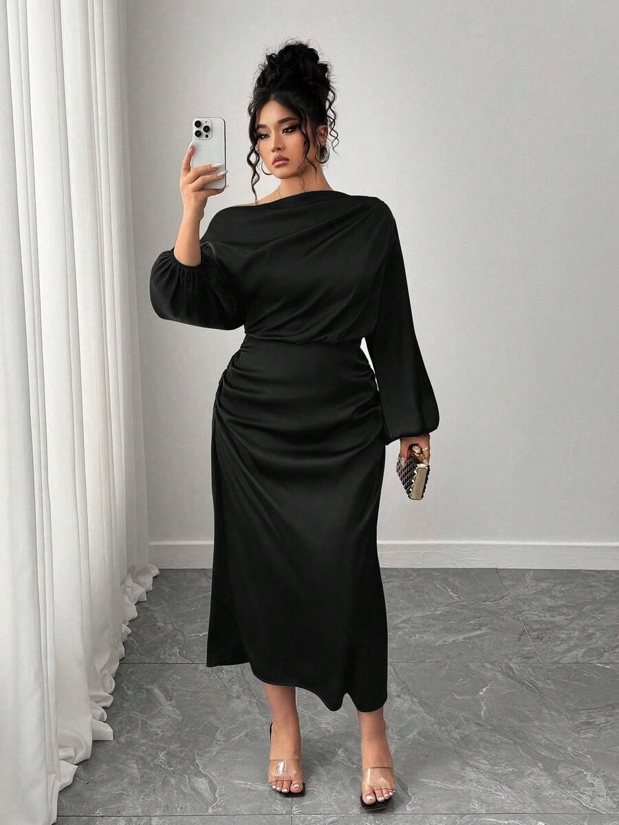 SHEIN Elenzya Plus Size Women Satin Asymmetric Shoulder Bodycon A-Line Dress - Black - View 1