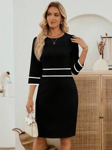 EMERY ROSE Women's Elegant Patchwork Mid-Length Party Dress - Black and White - View 6