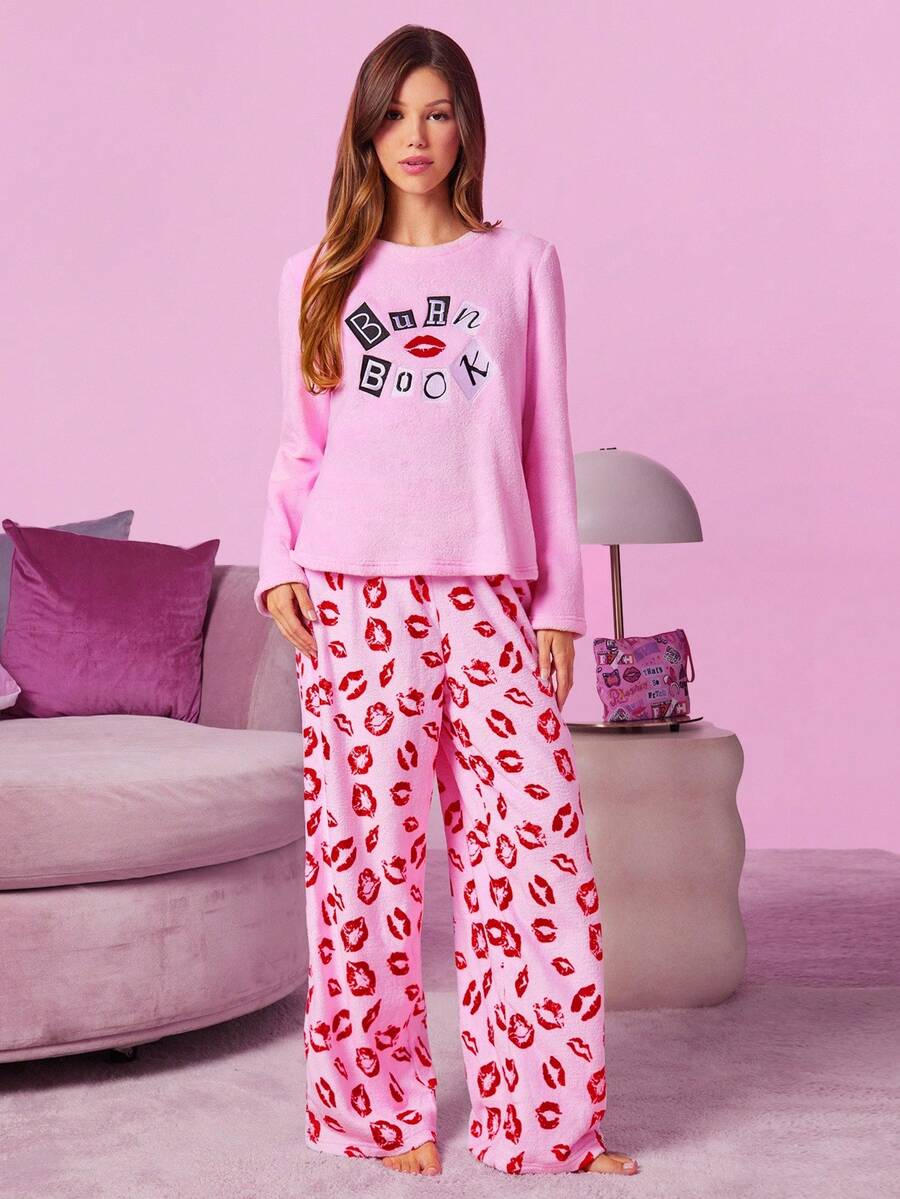 Mean Girls X SHEIN Set pigiama donna rosa autunnale con ricamo a lettere e pantaloni, abbigliamento autunno/inverno, set pigiama in flanella soffice e caldo per Natale, pigiama carino da donna per la casa, confortevole