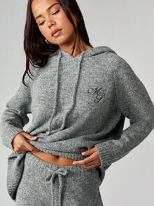 MISSGUIDED Oversized Knitted Hoodie With Embroidered Logo Drawstring Pullover Casual Long Sleeve Cozy Winter Sweater - Grey - View 5
