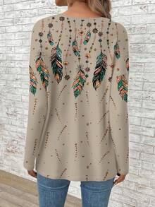 EMERY ROSE Plus Size Women's V-Neck Long Sleeve Loose T-Shirt With Gold Feather Print, Music FestivalIn Fall/Winter - Multicolor - View 2