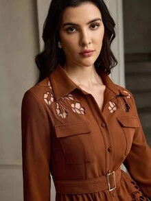 ZEYLAH Women's Fall Elegant Commuter Solid Color Embroidered Mid-Length Dress