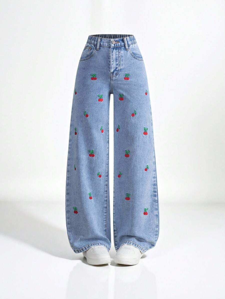 SHEIN Explorewe Tween Girls Casual Washed Eans With Embroidered Design, Straight Fit - Medium Wash - View 1