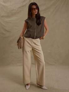 MUSERA Áo tank top dáng rộng cổ tròn, khóa kéo phía trước, vạt nhún, kiểu bomber không tay, phong cách đường phố cho kỳ nghỉ xuân, sân bay, lễ hội, thanh lịch, mùa hè. - Màu nâu Sô-cô-la - Xem 4