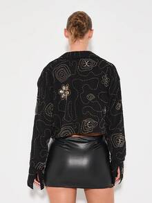 KIZN 饰有金属铆钉的佩斯利玫瑰印花长袖纽扣衬衫 - 黑色 - 查看 2