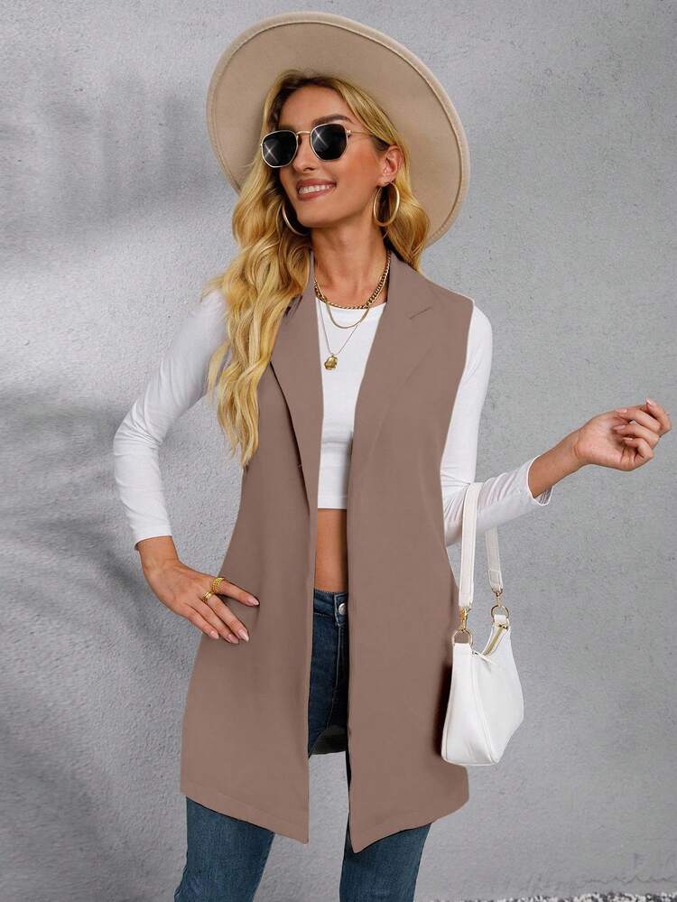 Sleeveless Solid Color Casual Blazer, Summer - Khaki - View 4