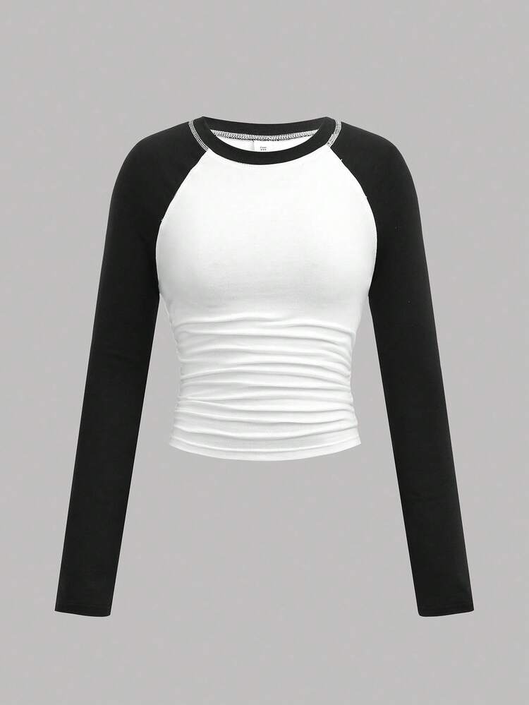 SHEIN Teen Girls' Colorblock Knit Crop Top With Raglan Sleeves, Navy Blue & White - Blue and White - View 1