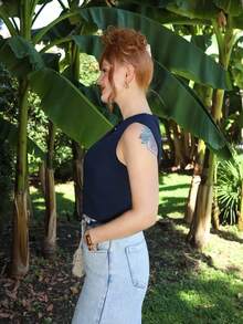 Gretanique Casual Sleeveless Fitted Jacket, Women, Solid Color Round Neck, Spring/Summer,Fall Clothes - Navy Blue - View 4