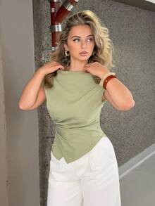 Jeta Ari Boat Neck Puff Sleeve Short Gathered Office Lady Shirt - Green - View 1
