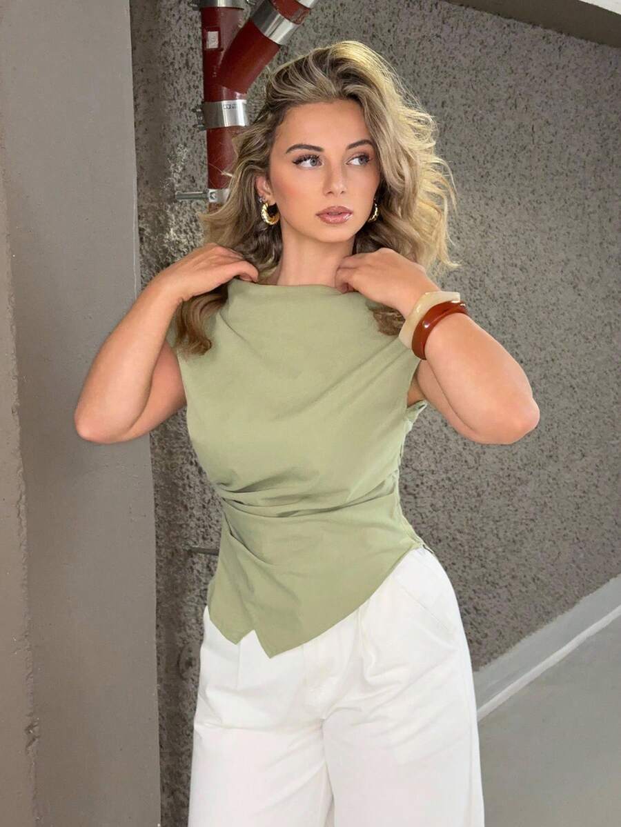 Jeta Ari Boat Neck Puff Sleeve Short Gathered Office Lady Shirt - Green - View 1