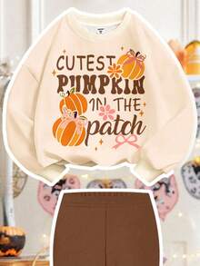 SHEIN Bộ đồ 2 món Happikins màu trắng kem in hình bí ngô và nơ dễ thương, áo nỉ dài tay dáng rộng thoải mái và quần skinny, thích hợp cho mùa thu/đông, chủ đề bí ngô Halloween, trang phục mùa thu, thoải mái dễ chịu, đồ nhiều lớp mùa thu cho bé gái, phong cách thời trang cho bé gái, trang phục thường ngày, quần áo in hình cho bé gái, trang phục mùa thu. - Nhiều màu - Xem 4