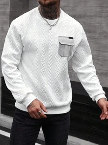 Manfinity CasualCool Men's Geometric Embossed Round Neck Long Sleeve Casual Pocket Patchwork Sweatshirt, Autumn