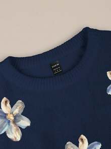 SHEIN 女士花卉图案长袖休闲圆领毛衣，秋冬 - 寶藍色 - 查看 3