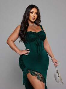 NU&NOW Christmas Plus Size Women Solid Color Lace Patchwork Sexy Elegant Slit Fitted Slip Dress