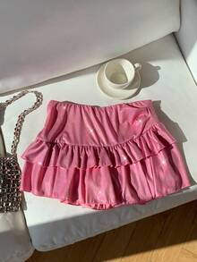 Comfortcana 女式纯色闪亮双褶边时尚A字裙 - 粉色 - 查看 2